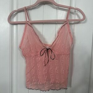Victoria Secret y2k pink lace tank top with a black bow floral print details. S